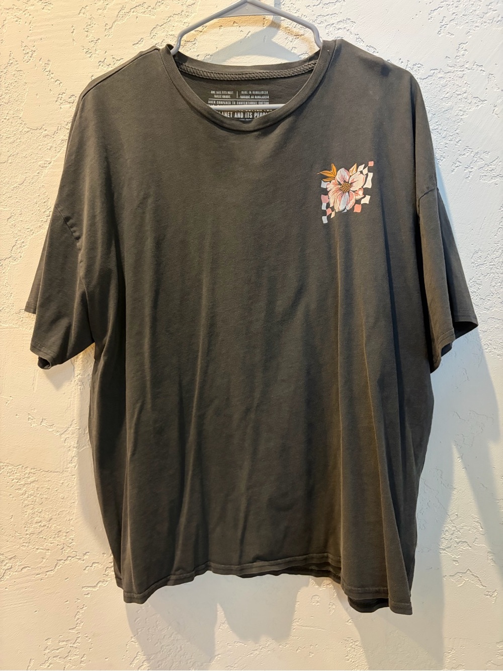 Volcom Dark Charcoal Short Sleeve Tee with Pink Floral Chest Graphic